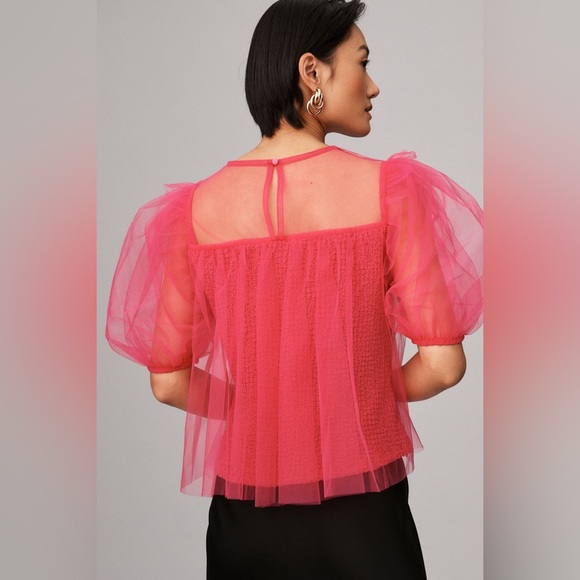 Anthropologie Pink Sheer Puff Sleeve Top - Picture 2 of 10